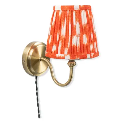 Plug in Antique Brass Wall Light Orange Pleated Tapered Shade Wall Lamp + LED