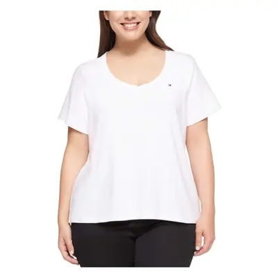 Tommy Hilfiger Plus Short Sleeve TopsCotton Shirts for Women with VNeckline and Logo Detail Whit