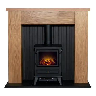 Adam New England Stove Fireplace Oak & Black + Hudson Electric Stove Black, 48"