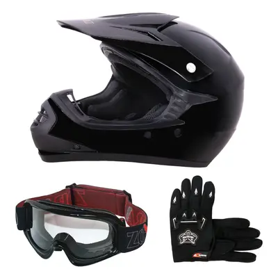 (Gloss Black, M) ZORAX X15 Motorbike Helmet Kids Motorcycle Motocross Karting Gloves Goggles