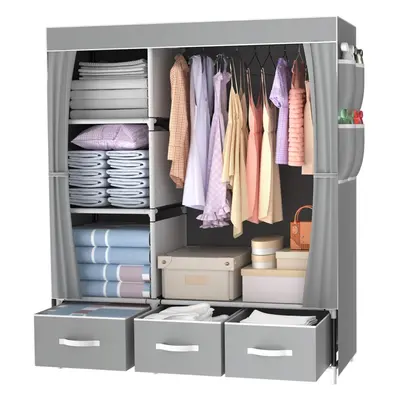 (Gray) Canvas Wardrobe with Storage Boxes, Fabric Wardrobes for Bedroom, Portable Wardrobe Shelv