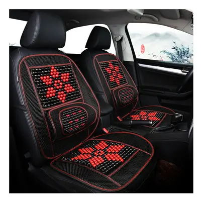 (Red & Black) Car Summer Massage Cool Cushion Seat Cover Breathable Wooden Beads Monolithic Back