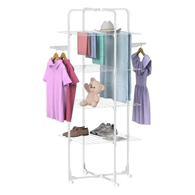 (White) Clothes Airer Square tube, Tier Foldable Clothes Drying Rack Tower type with Wheels and 