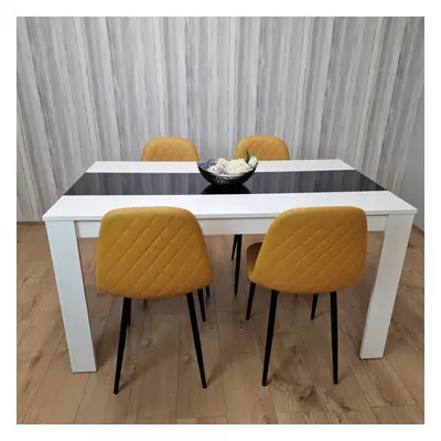 Wooden White Black Dining Table with Mustard Stitched Leather Chairs