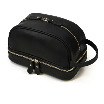 (9566 Black) Genuine leather toiletry travel bag for men women black luxury style makeup bags fe