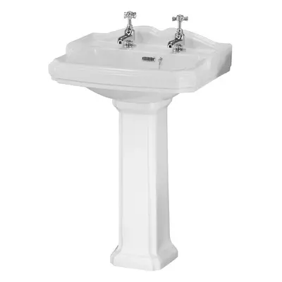 Traditional Bathroom Two Tap Hole Basin with Full Pedestal - 590mm