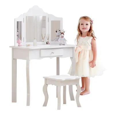 (White) Girls Dressing Table with Mirror and Stool, Kids Wooden Vanity Table with Drawer and Fol