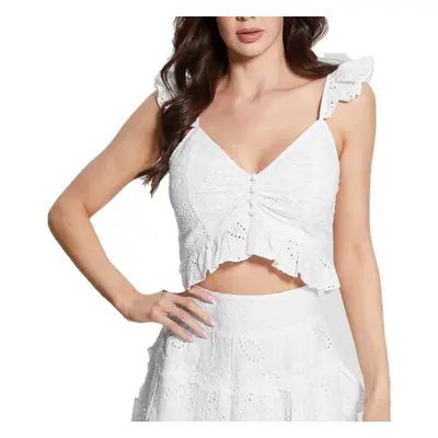 GUESS Women's Sleeveless Arielle Floral Eyelet Top Pure White