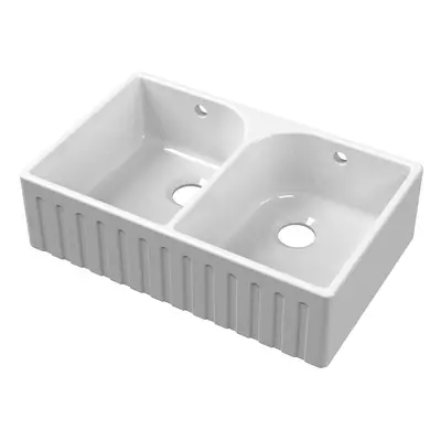 White Fireclay Kitchen Double Bowl Fluted Front Butler Sink with Full Weir x x 220mm