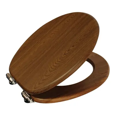 (Walnut) Soft Close Wooden Toilet Seat Adjustable Chrome Hinges