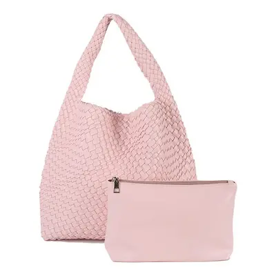 (Pink) MOOWOO Fashion Ladies Bag Woven Bag PU Leather Cute Handbag Vegetable Basket Carry Tote B