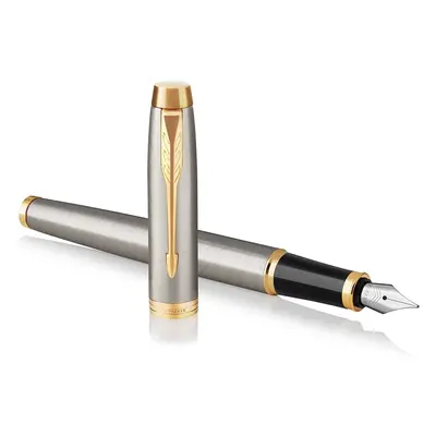 IM Premium Fountain Pen - Brushed Metal with Gold Trim - Fine Nib - Black Ink - Gift Boxed