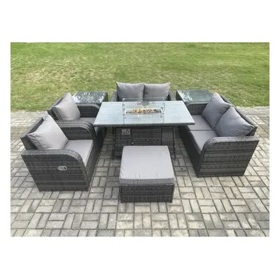 Fimous Seater Rattan Garden Furniture Set Propane Gas Fire Pit Table and Sofa Chair set with Sid