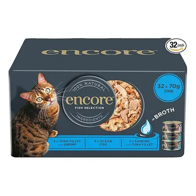 Encore 100% Natural Wet Adult Cat Food, Fish Selection in Broth, 70g Tins (Pack of Tins)