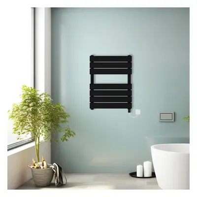 (Black, 650x500mm) Prefilled Electric Heated Towel Rail Radiator Flat Panel Warmer Ladder