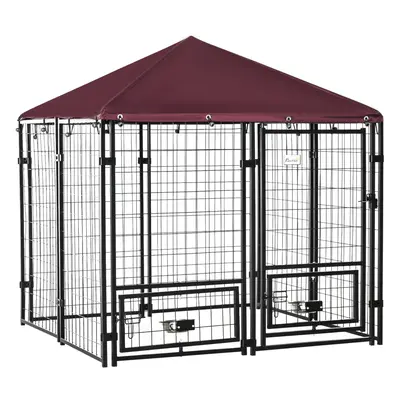 PawHut Dog Kennel with Rotating Bowl Holders, Cover, Outdoor Dog Run