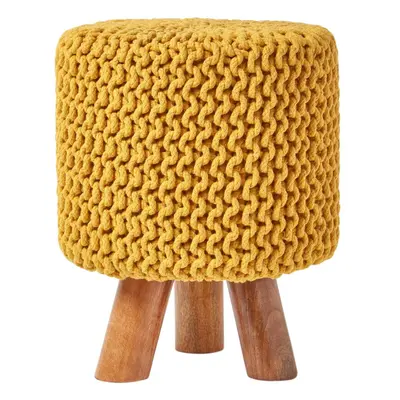 (Mustard) Tall Knitted Cotton Footstool with Tripod Wooden Legs