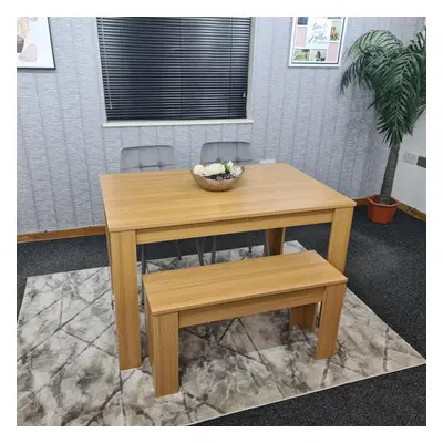 Dining Table and Chairs With Bench Oak Effect Wood Grey Velvet Chairs Dining Room