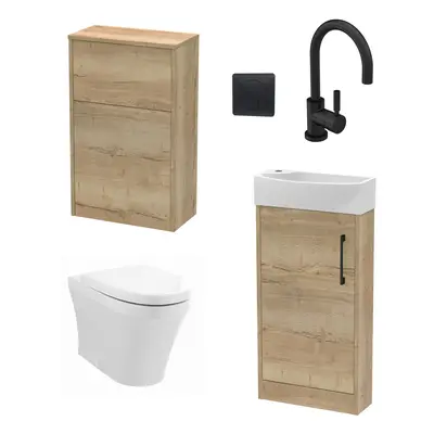 Cloakroom Suite - Right Hand 440mm Vanity, WC Unit, Toilet and Tap - Oak/Black