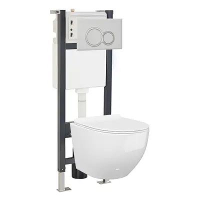 Nes Home White Modern Round WH Toilet Concealed Frame & Round Button Flush Plate