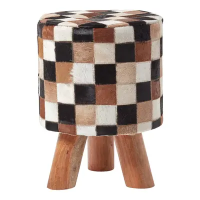 Homescapes Cream Brown and Tan Hide Check Stool with Wooden Legs