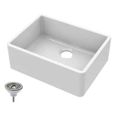 595mm - Single Bowl Fireclay Butler Kitchen Sink - Chrome Strainer Waste