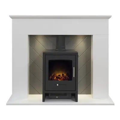 Adam Corinth Stove Fireplace in Pure White & Grey with Downlights & Bergen Electric Stove in Cha