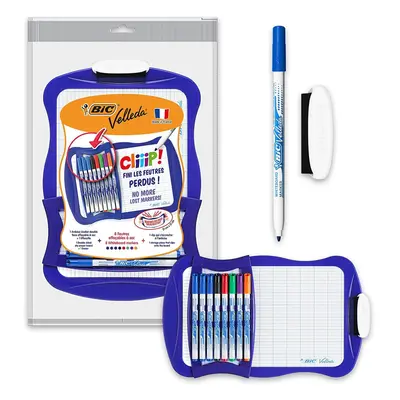 BIC Velleda Cliiip Whiteboard Set x cm Wiper Erasable Markers Assorted Colours