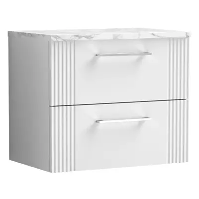 Retro Drawer Wall Hung Vanity Unit with Carrera Marble Laminate Worktop - 600mm - Satin White - 