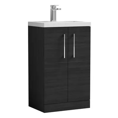 Compact Floor Standing Door Vanity Basin Unit with Ceramic Basin - 500mm - Woodgrain Charcoal Bl