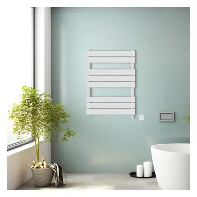 (White, 800x600mm) Prefilled Electric Heated Towel Rail Radiator Flat Panel Warmer Ladder