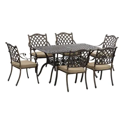 Outsunny 7-PC Cast Aluminum Patio Dining Set w/ Umbrella Hole & Cushion, Bronze