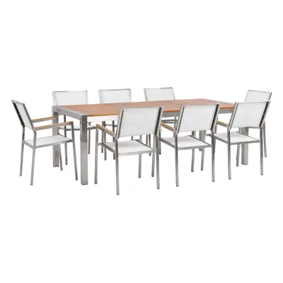 8 Seater Garden Dining Set Eucalyptus Wood Top with White Chairs GROSSETO