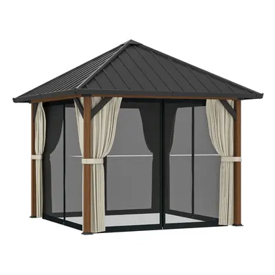 Outsunny x 3(m) Metal Hardtop Gazebo with Netting and Curtains, Walnut