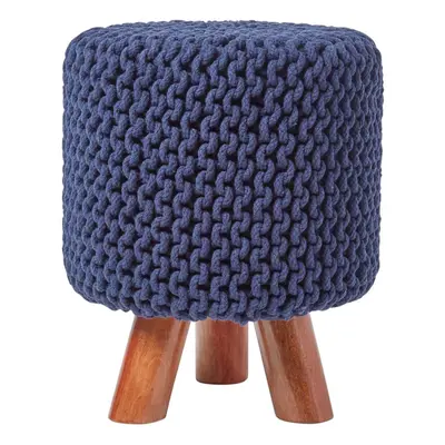 (Navy Blue) Tall Knitted Cotton Footstool with Tripod Wooden Legs