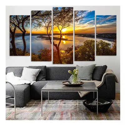 5 Panel Canvas Painting Sunset Lake Tree Seascape Landscape Poster Paintings Wall Art Decor Pict