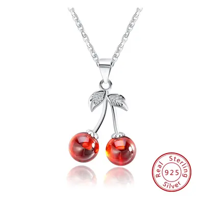 925 Sterling Silver Red Natural Stone Cherry Pendant Necklaces for Women Silver Jewelry Necklace