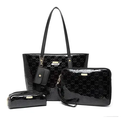 (Black) Pieces Glossy Leather Tote Bag Set with Gold Tone Hardware