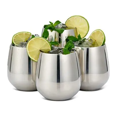 Oak & Steel - Silver Stainless Steel Wine Glasses, Unbreakable Tumblers Gift Set with Metal Stra