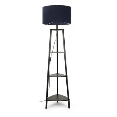 ValueLights Hiru Matt Black Tier Shelf Floor Lamp with Large Navy Shade