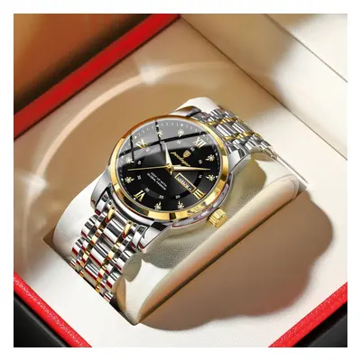 (Gold Black) Elegant Mens Quartz Watch Waterproof Luminous Stainless Steel Wristwatch