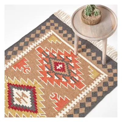 (120 x cm) Jaipur Handwoven Brown and Orange Patterned Kilim Wool Rug