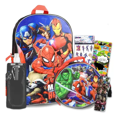 Avengers Backpack with Lunch Box Set - Bundle with 16"" Marvel Bag Lunch Bag Water Pouch Sticker