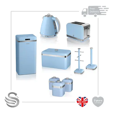 (Blue) Swan Retro 9pce Kitchen Set- 45L Electric Bin, 1.5L Cordless Kettle, Slice Toaster Crumb 