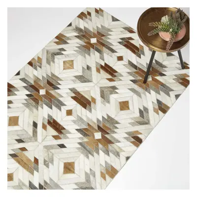 Cream & Brown Geometric Leather Rug, x cm