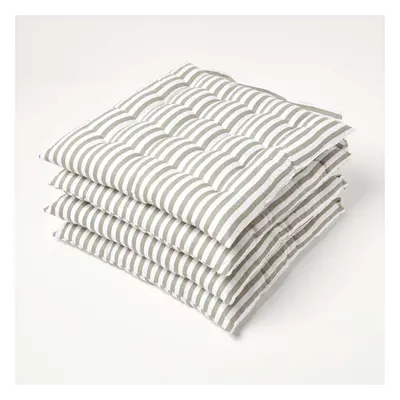 (Set of 4) Grey Stripe Seat Pad with Button Straps 100% Cotton