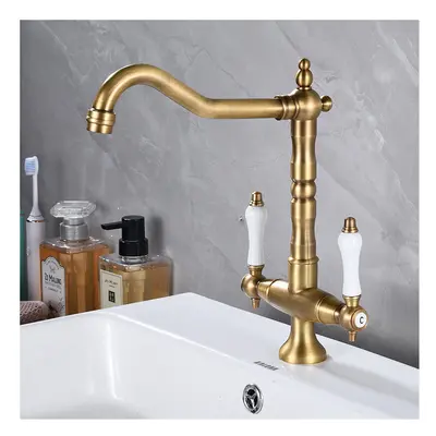 (Antique Brass) Antique Kitchen Tap 360Â° Rotatable Sink Tap Two-Handle Mixer Tap Nostalgia Mixe