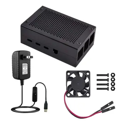 (Black) Case for Raspberry Pi with Aluminum Metal Cooling Fan 5V 3A USB-C Power Supply ON/Off Sw