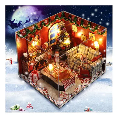 DIY Wooden Doll House Furniture Kits LED Light Miniature Christmas Room Puzzle Toy Gift Decor