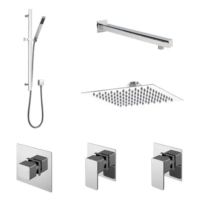 2 Outlet Concealed Valves Shower Bundle with Slide Rail Kit, Wall Mount Arm & Head - Chrome